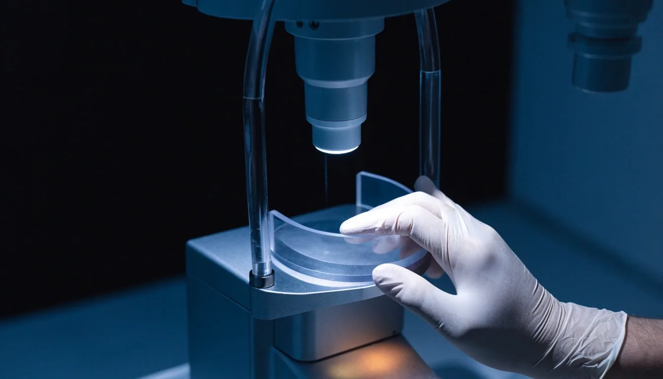 A surgeon working at a slit lamp in a dim refractive measurement room, seen from behind
