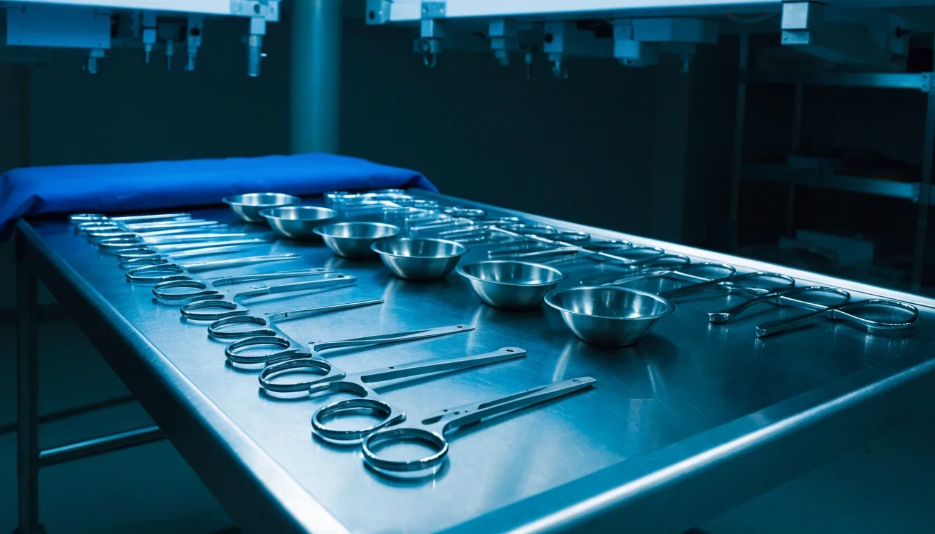 An ordered instrument tray with blue surgical drape in a dim ophthalmology suite