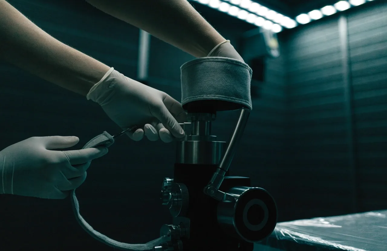 Gloved hands adjusting a chin rest on an ophthalmic measurement instrument in a dim room