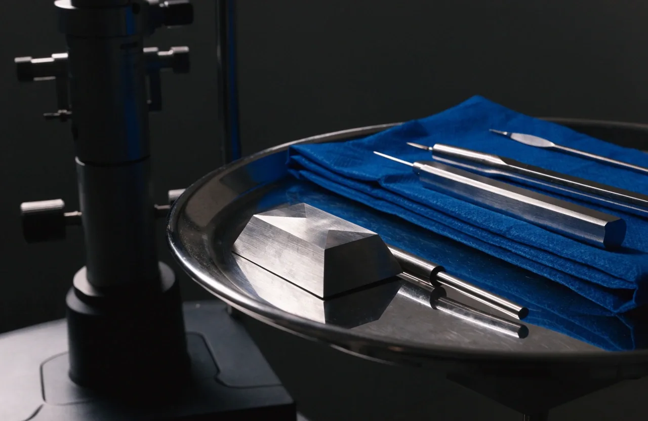 Instrument tray and slit-lamp base in dim clinic light