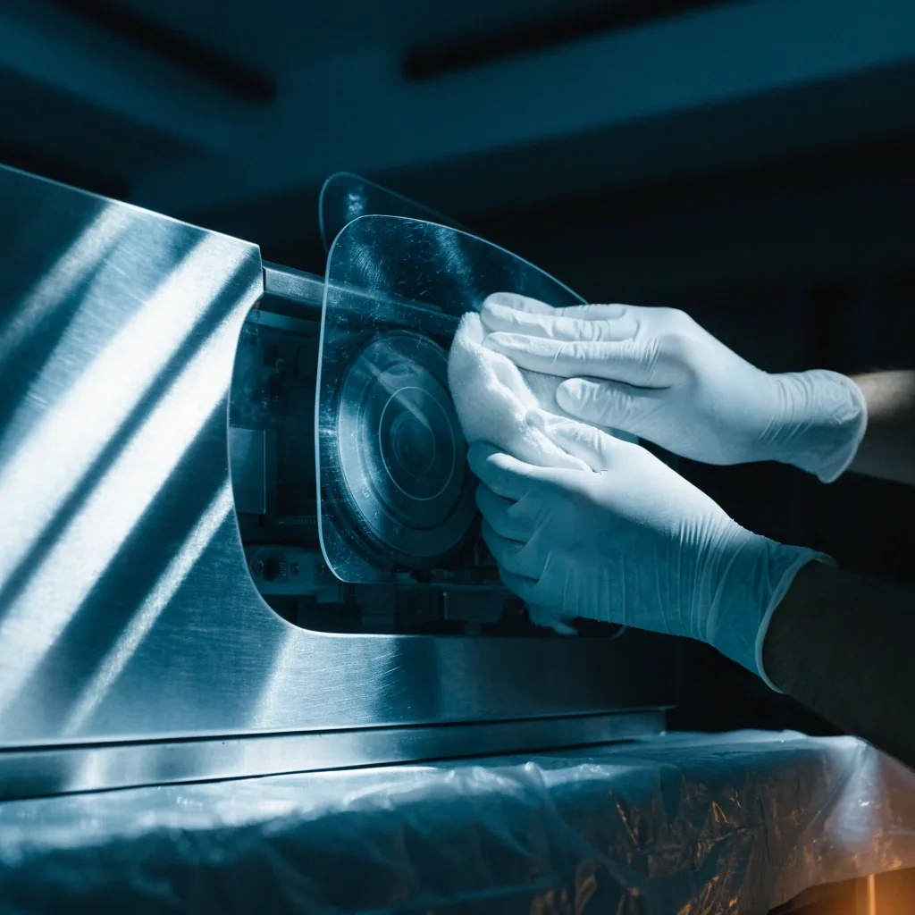 An ordered ophthalmic instrument tray in dim light, with folded drape and metal instruments in a refractive suite