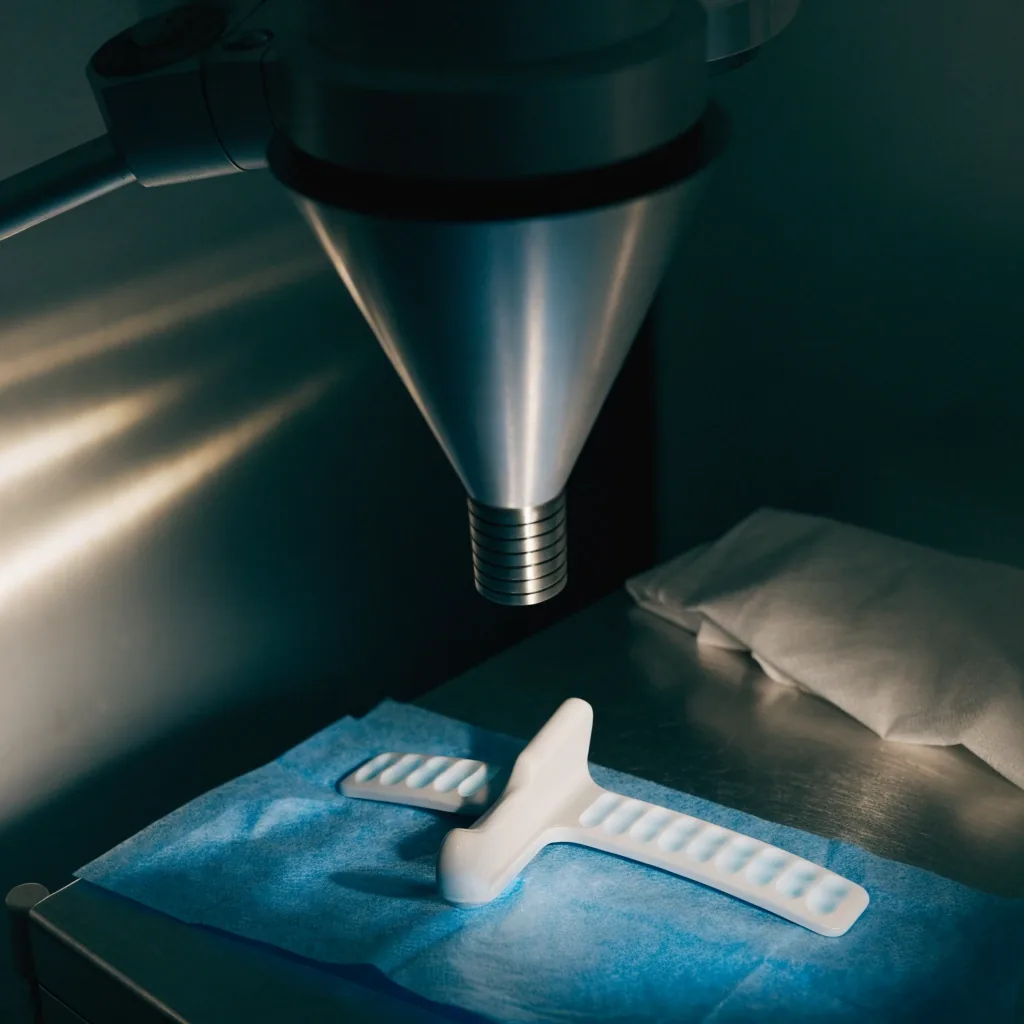 Laser delivery cone above a lid speculum on surgical drape in a dim refractive laser room