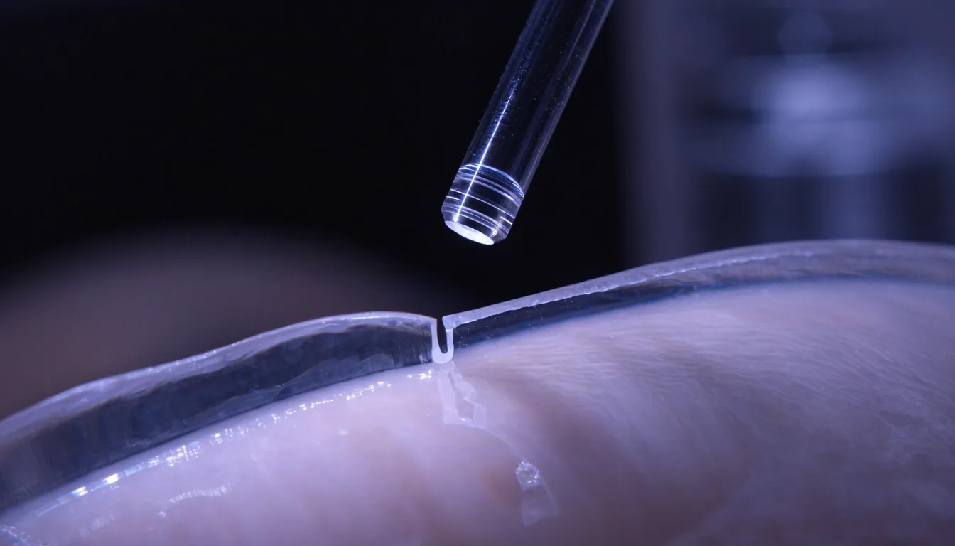 Macro view of a small side pocket cut in clear corneal tissue during a no-flap procedure