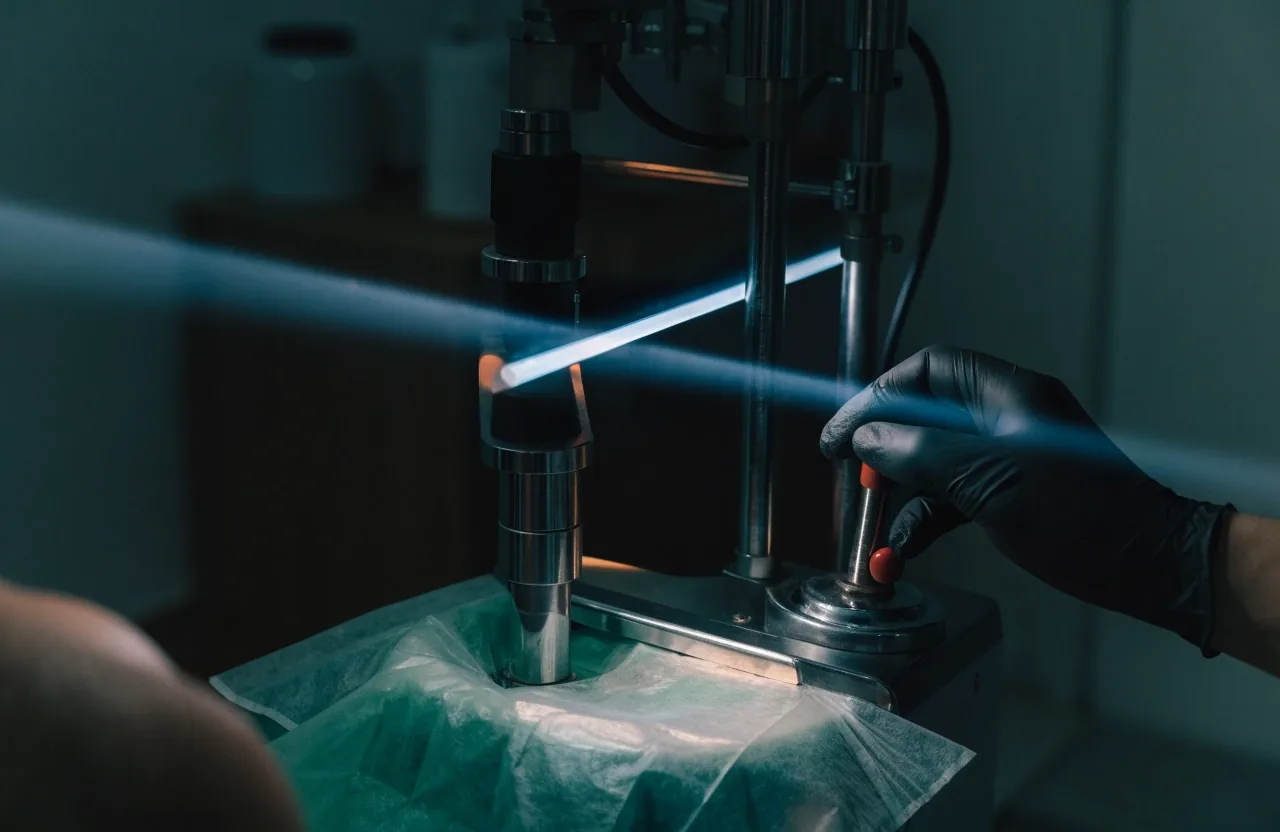 Slit lamp cross-section in a dark clinic room