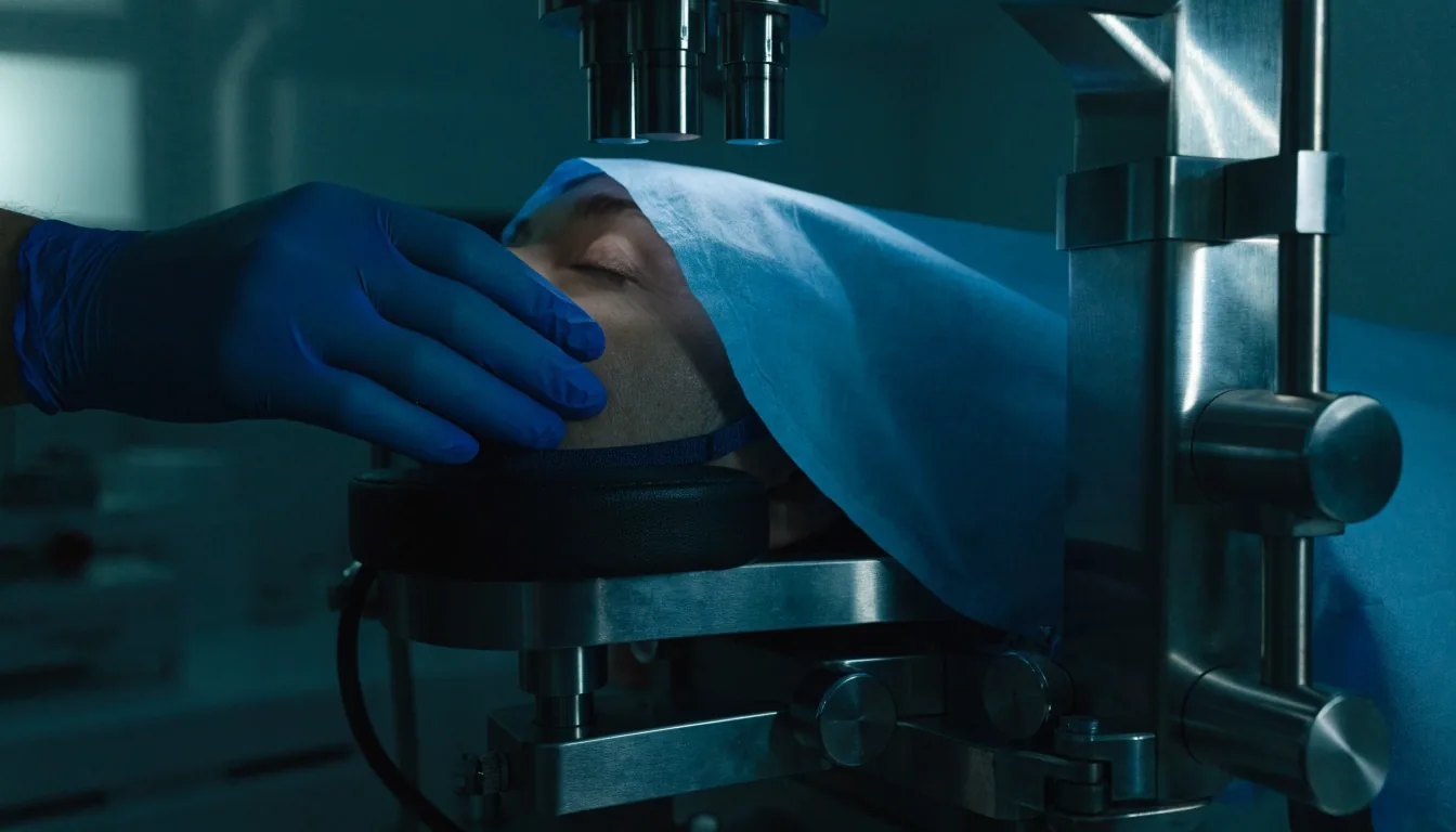 Ocular surface imaging platform in a darkened measurement room, adjusted by a gloved hand