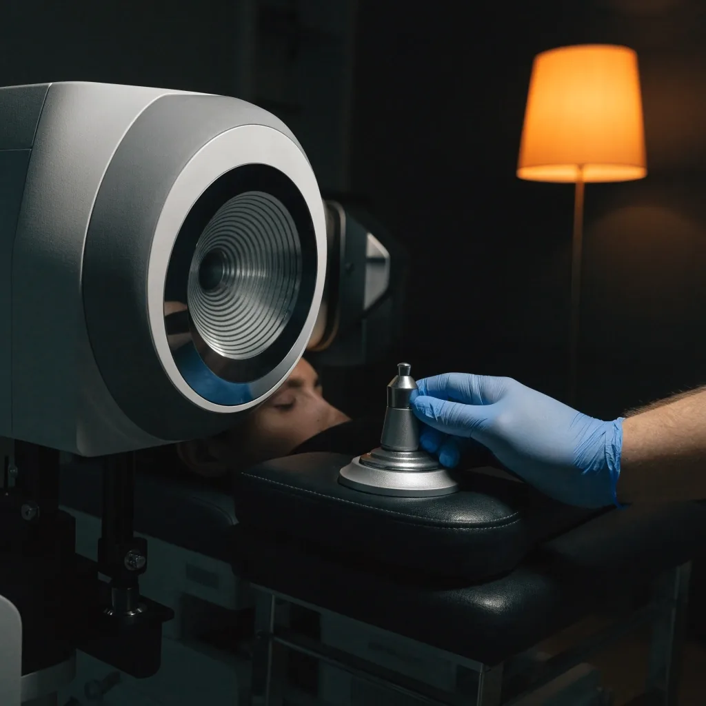 Patient seated at a topographer during pre-operative refractive assessment