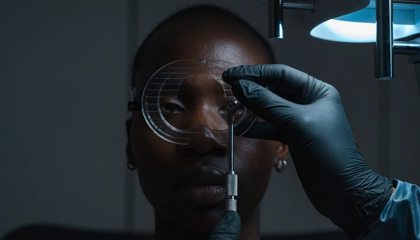 Patient reading an eye chart in a dimmed examination lane at a later follow-up visit