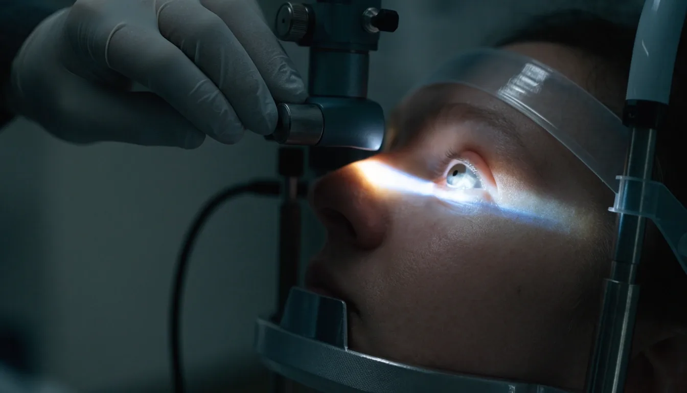 Surgeon examining an eye at a slit lamp during early follow-up