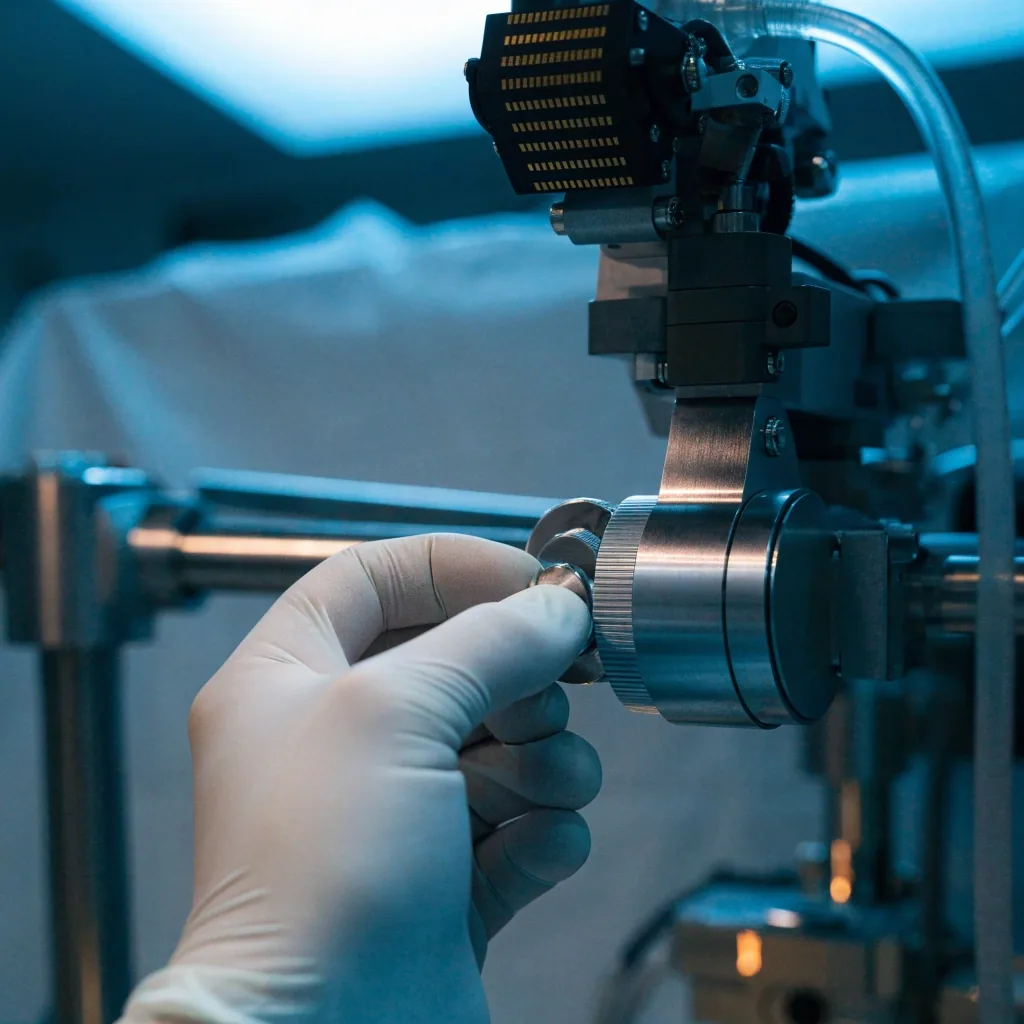 Excimer laser eye-tracking optics inside a dark instrument housing lit by cool internal light