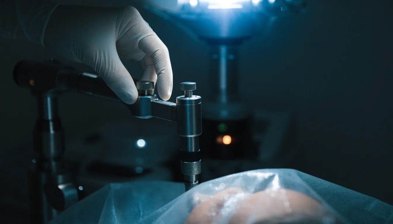Femtosecond laser delivery cone above a lid speculum on blue surgical drape in a dark operating room
