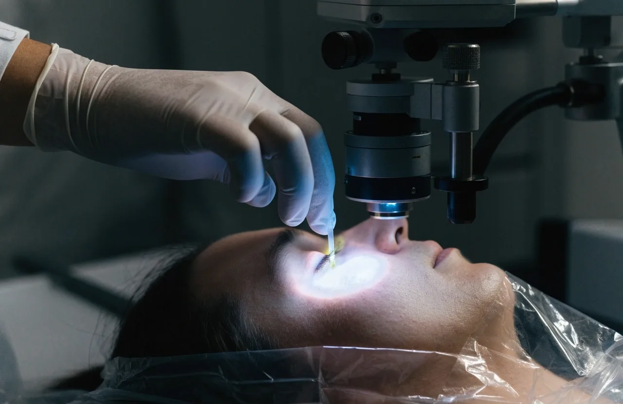 Gloved hands adjusting the chin rest of a corneal topography instrument in a dim examination room