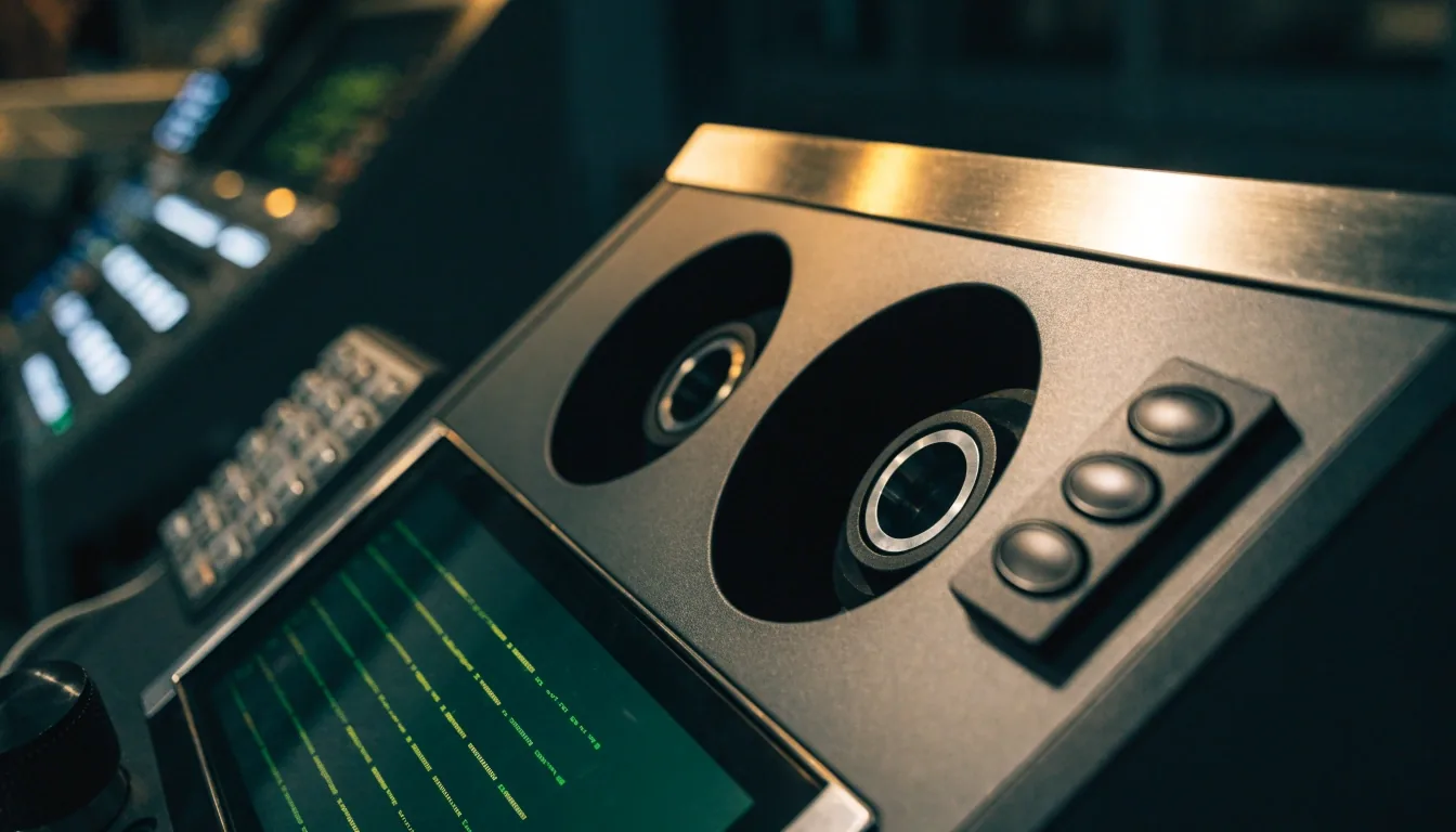 Graphite instrument console in a dark refractive measurement room, lit by a cool key light and one warm desk lamp