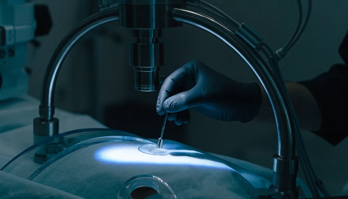 Femtosecond laser delivery cone above a surgical drape in a dim suite