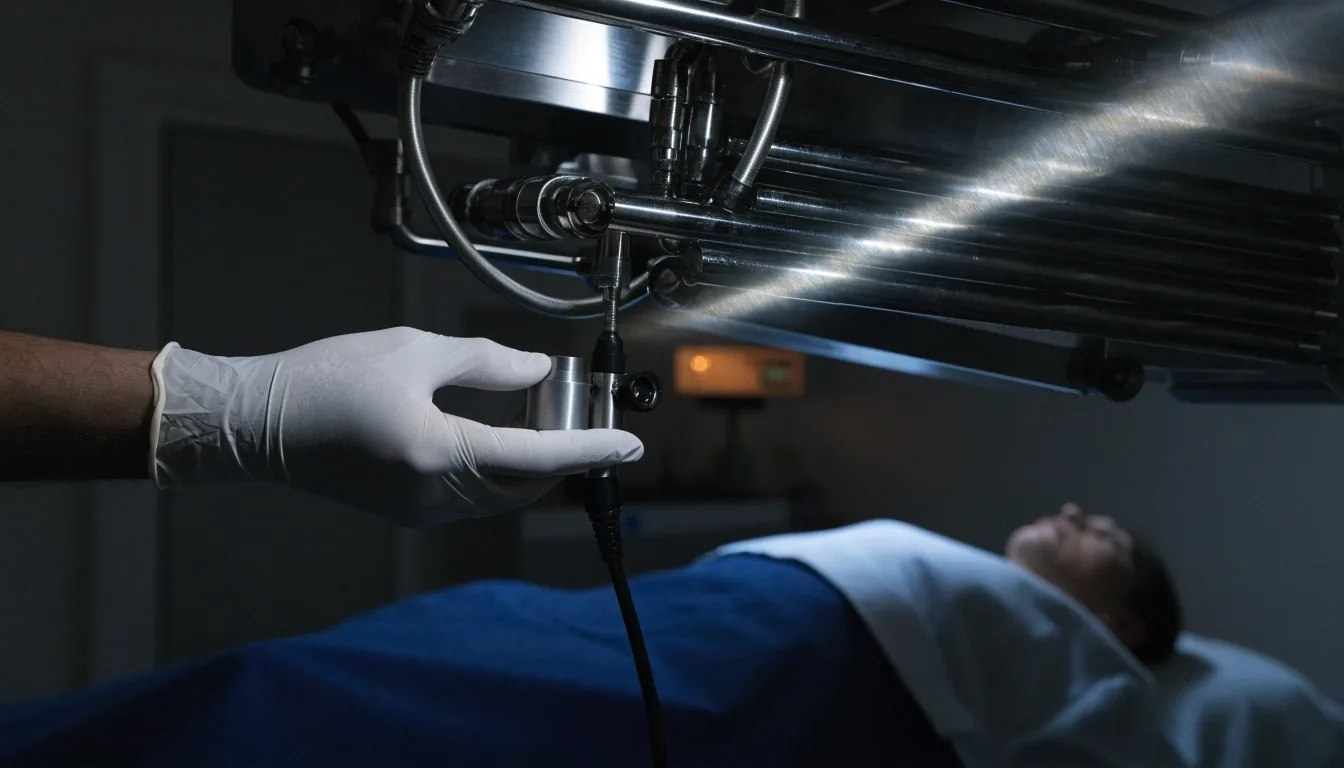Sterile ophthalmic instruments laid on a tray in a dim refractive surgery suite
