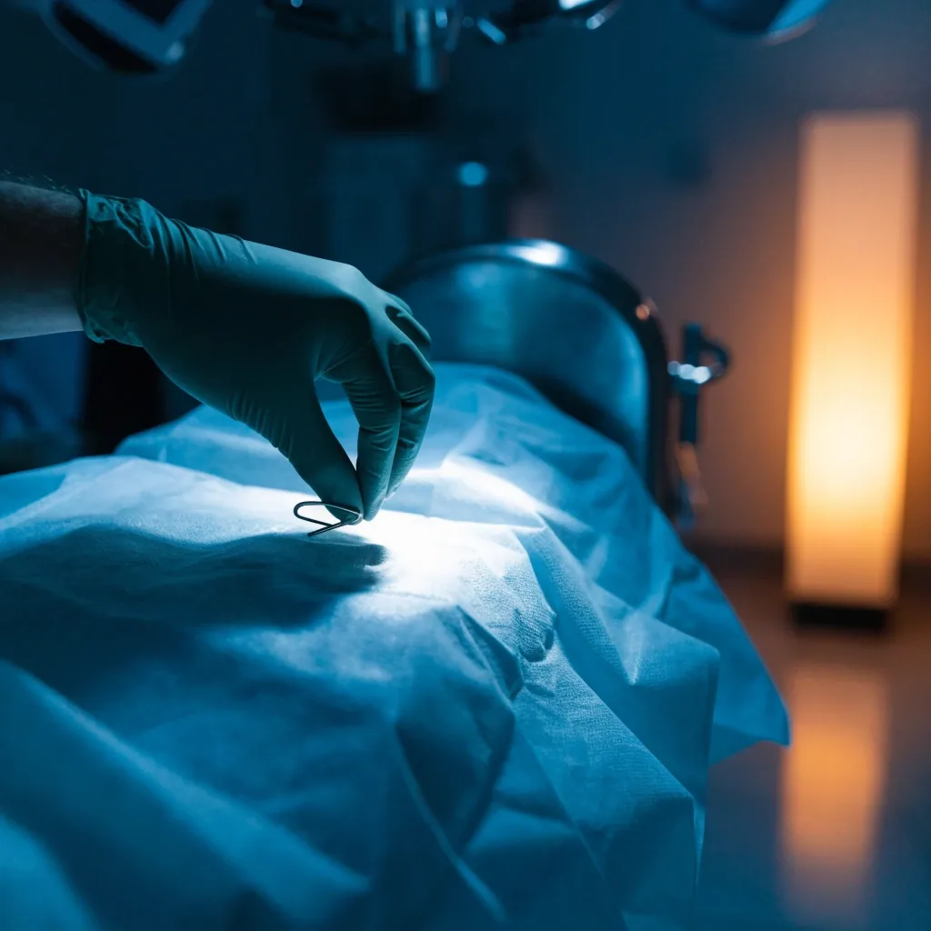 Folded surgical drape with an instrument silhouette on a treatment bed