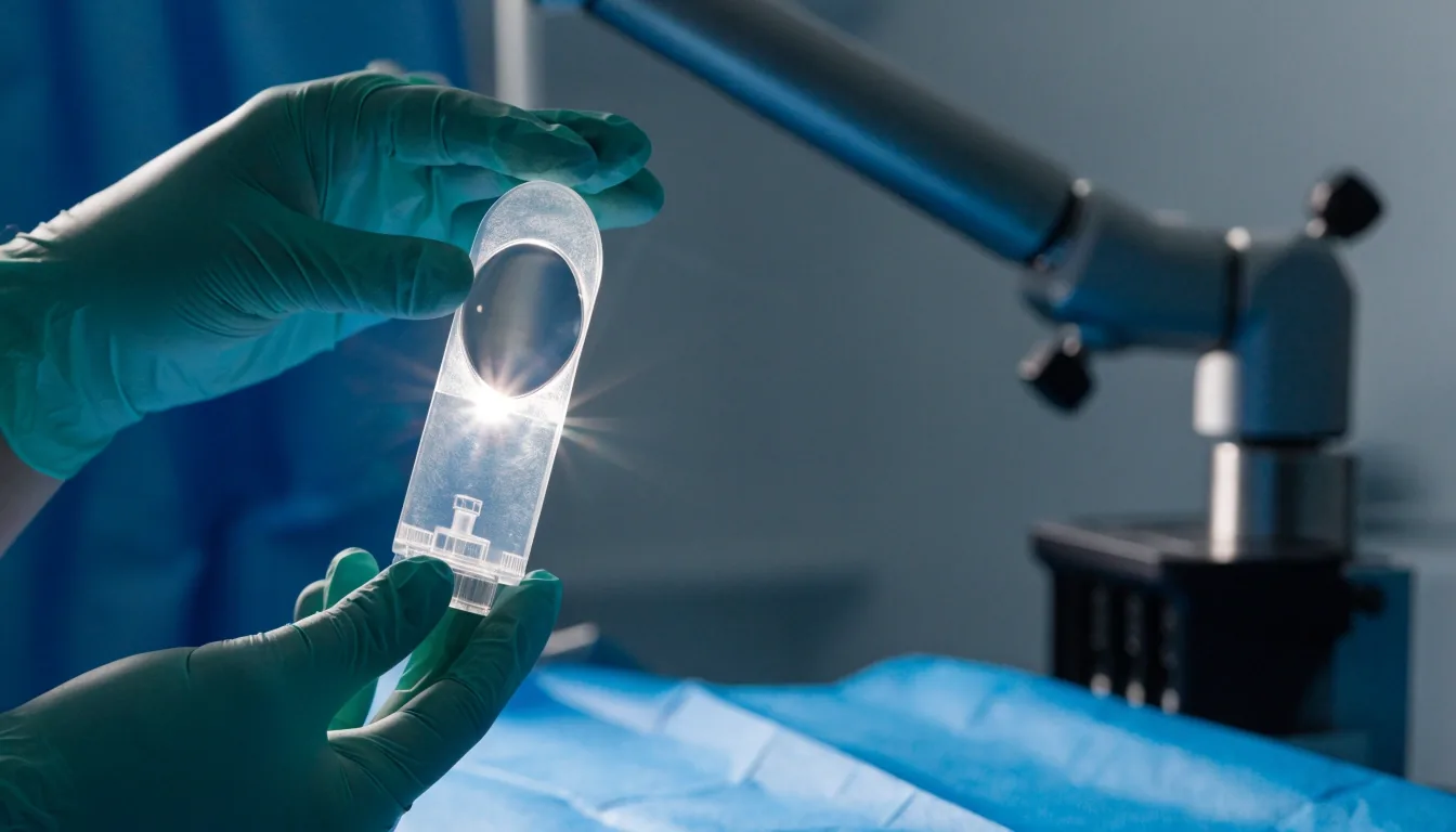 Laser delivery arm positioned above a draped preparation in a refractive surgery measurement room