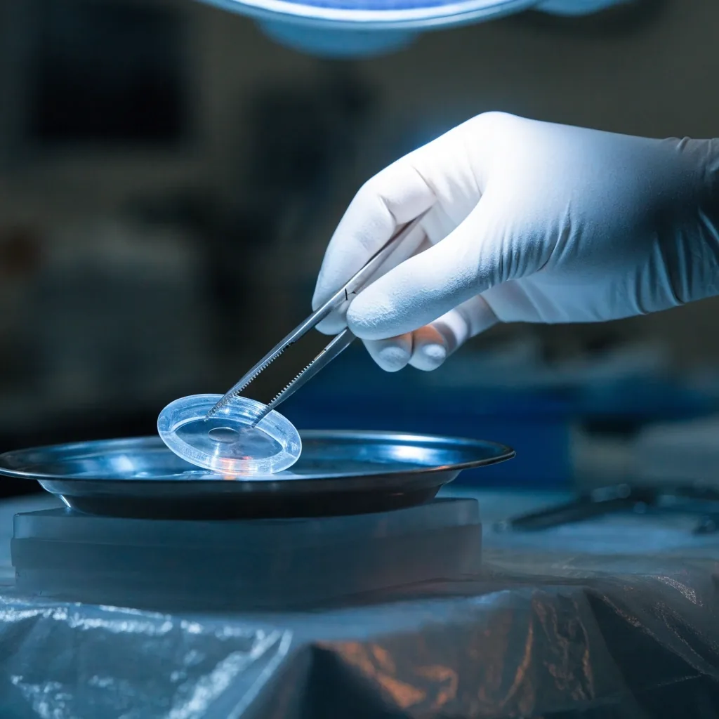 Phakic intraocular lens resting on an instrument tray under dim light